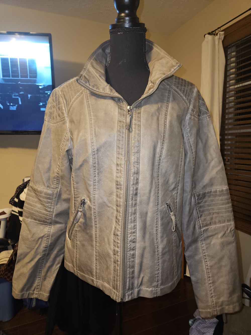 Women’s Neutral Gray Taupe Faux Leather Zip-Front Jacket